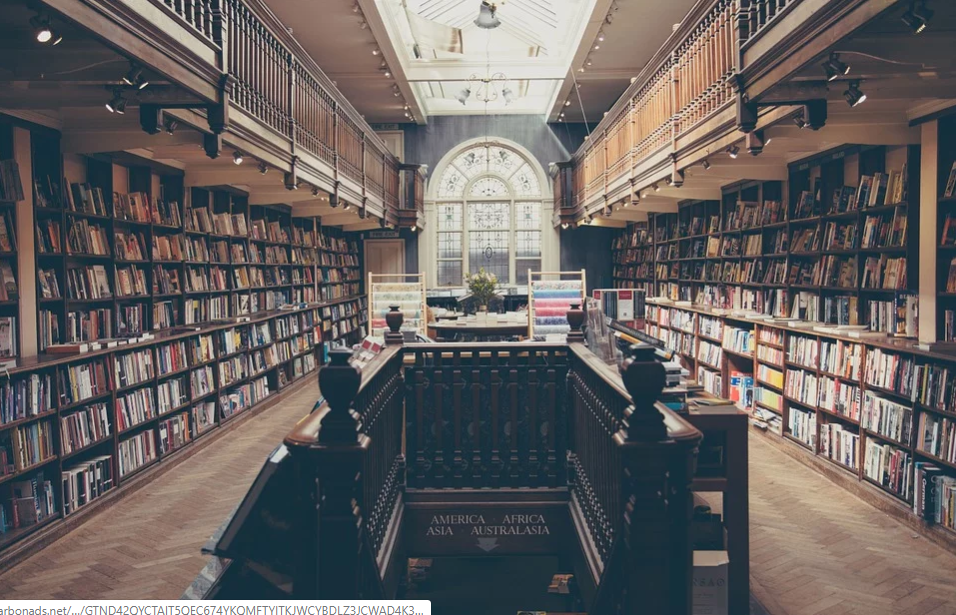 biblioteca com escada central de madeira
