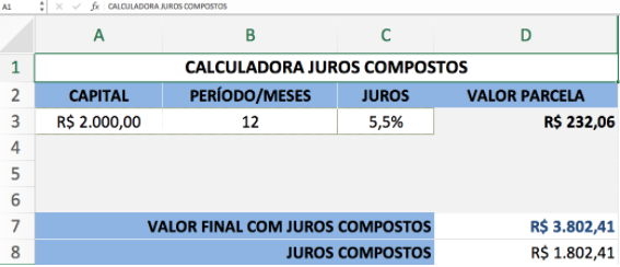 calculadora de juros compostos com os valores aplicados