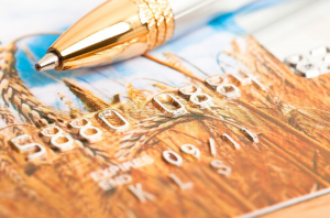 imagem ampliada de cartão de crédito com detalhes dourados sob uma caneta com detalhes também em ouro