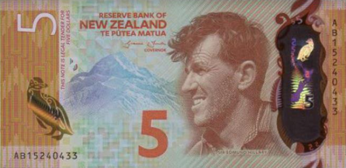 imagem da parte da frente de uma cédula de cinco dólares neozelandeses