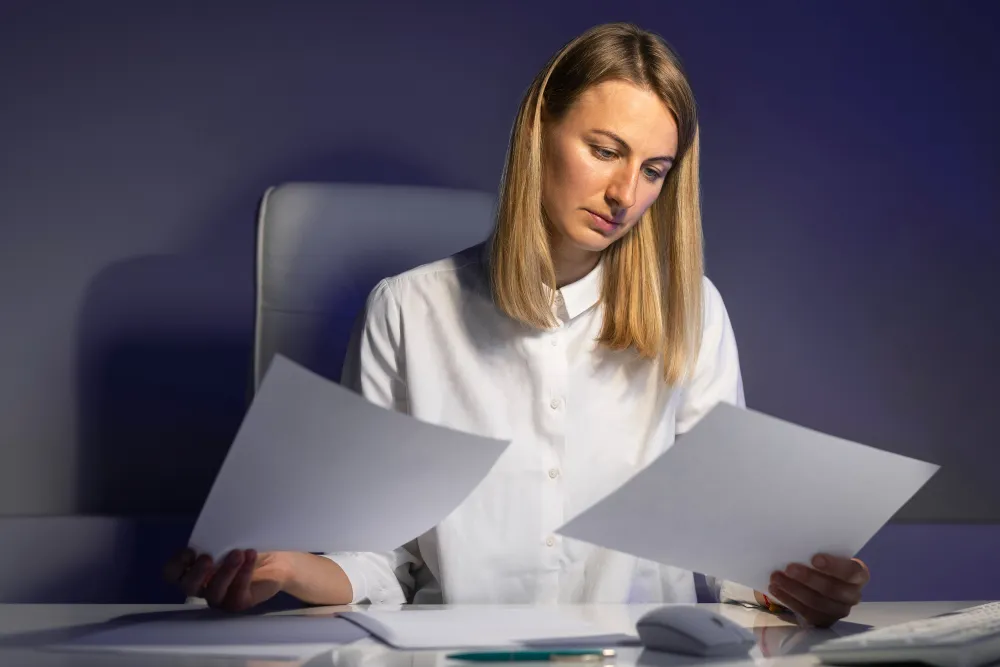 mulher sentada em frente ao computador com folhas de papel nas mãos - multa por quebra de contrato de empréstimo