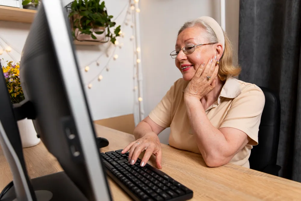 velhinha sentada em frente ao computador - cálculo de revisão de vida